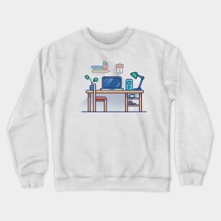 Desk, Laptop, Chair, Book, Lamp, Speaker, Plant, Calendar, And Floating Shelves Cartoon Crewneck Sweatshirt